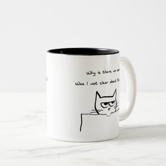 Verärgerte Katze verlangt Lachse - lustige Zweifarbige Tasse (VorderseiteRechts)