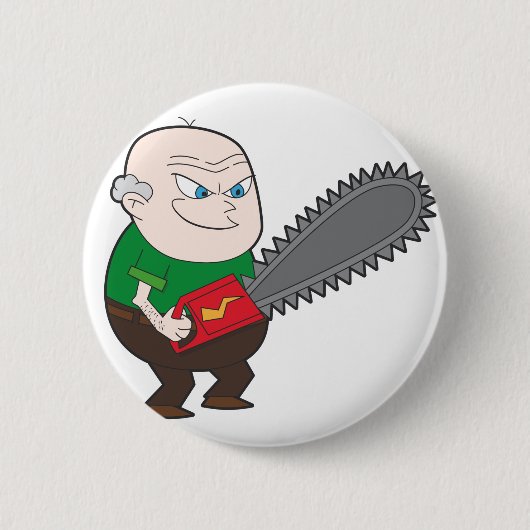 Verärgerter Mann mit Kettensägen-Cartoon Button (Vorderseite)