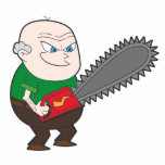 Verärgerter Mann mit Kettensägen-Cartoon Fotoskulptur Magnet<br><div class="desc">Dieses ist eine Cartoonillustration eines älteren mutigen Mannes, der seiner Kettensäge ein bisschen verärgert betrachtet. Gelassen uns, plant ihn zu hoffen nur auf dem Verringern eines Baums und des nichts mehr Übel dann das!</div>