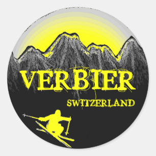 Verbier Schweiz Gelber Skibergaufkleber Runder Aufkleber