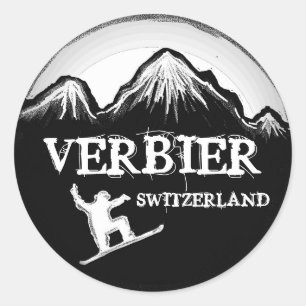 Verbier Schweiz Schwarz-Snowboard-Aufkleber Runder Aufkleber