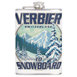 Verbier Schweiz Snowboard Reise Logo Flachmann