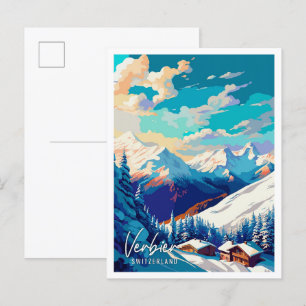 Verbier Schweiz Vintage-Reiseillustration Postkarte