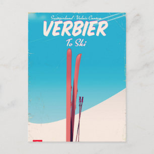 Verbier, Schweiz Vintage-Ski-Reiseplakat. Postkarte