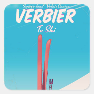 Verbier, Schweiz Vintages Skitourenplakat. Quadratischer Aufkleber