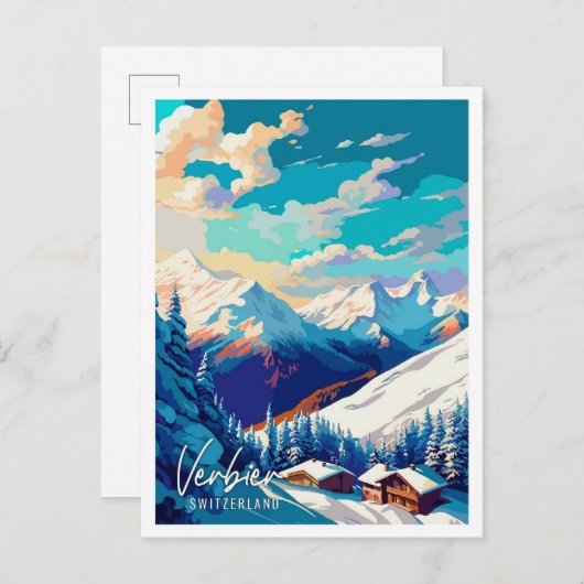 Verbier Switzerland Vintage Illustration Postkarte (Vorne/Hinten)