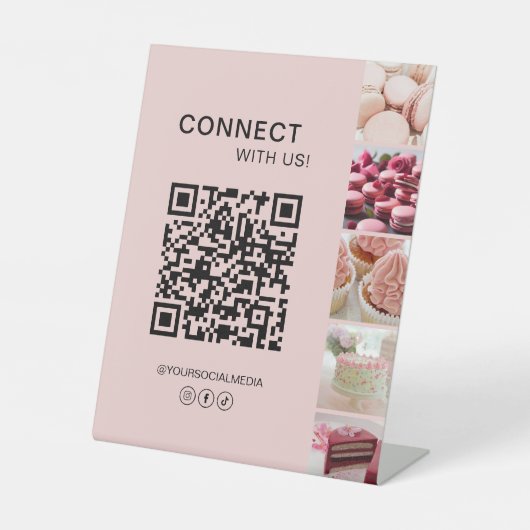 Verbinden Sie mit uns Social Media QR Code Rosa Sockelschild (Vorderseite)