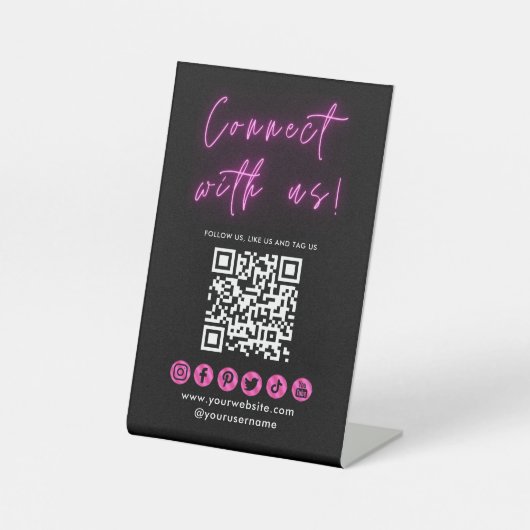 Verbinden Sie uns mit schwarz rosa QR-Code Social Sockelschild (Vorderseite)