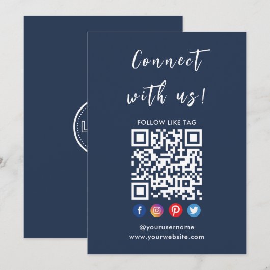 Verbindung mit QR Code Social Media Navy Blue Einladung (Vorne/Hinten)