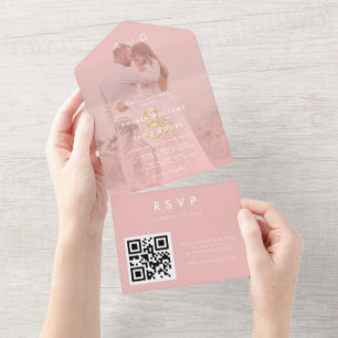 Verblasste rosa Foto Gold Et-Zeichen & QR-Code Hoc All In One Einladung