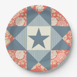 Verblasster Rot-Blau-Stern-Quilt-Block Floral Pappteller