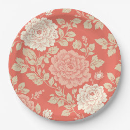 Verblasster roter Blockdruck Blumenmuster Pappteller