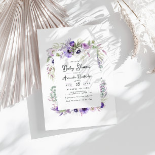 Verblasstes Pastell-Violett Aquarell Blumiges Baby Einladung