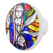 Verbleibendes Glasdesign mit religiöser Abbildung. Keramikknauf (Rechts)