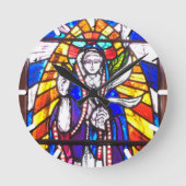 Verbleibendes Glasdesign mit religiöser Abbildung. Runde Wanduhr (Vorderseite)