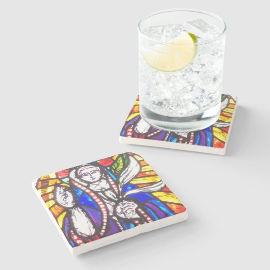 Verbleibendes Glasdesign mit religiöser Abbildung. Steinuntersetzer (Seitenansicht)