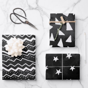 Verblendete Schwarz-weiße Doodle-Sterne Geschenkpapier Set