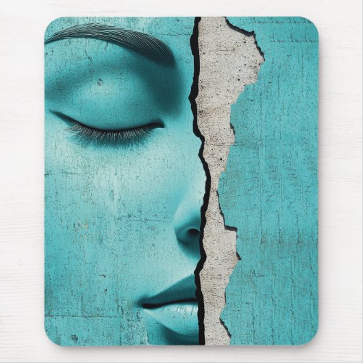 Verborgenes Mädchen hinter einer rissigen mintgrün Mousepad (Vorne)