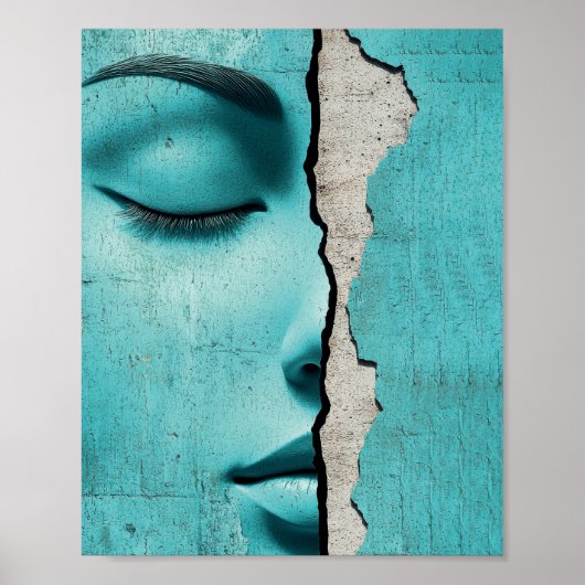 Verborgenes Mädchen hinter einer rissigen mintgrün Poster (Vorne)