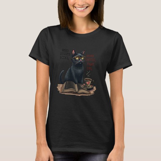 Verbotene Bücher Kaffee Katze T-Shirt (Vorderseite)