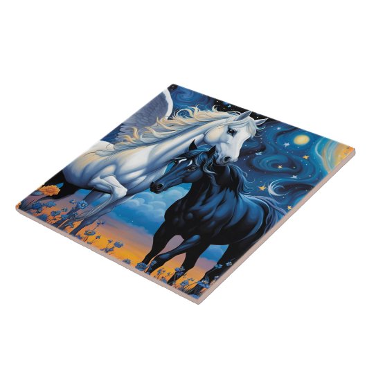 Verbotene Liebe. Pegasus und Pferd in Blume Fliese (Seite)