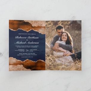 Verbrannte Orange Achat-Marmor-Navy QR-Code-Hochze Einladung