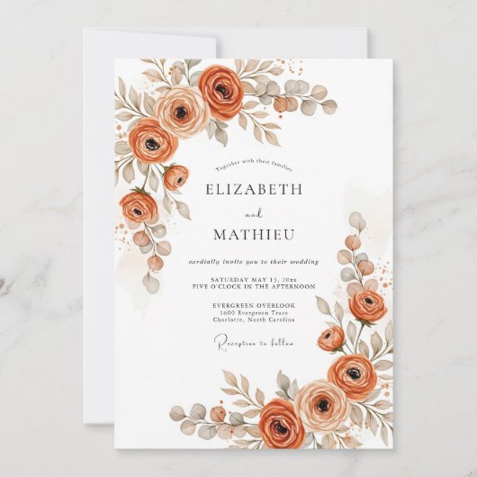 Verbrannte Orange Botanische Rustikale Hochzeit Einladung (Vorderseite)