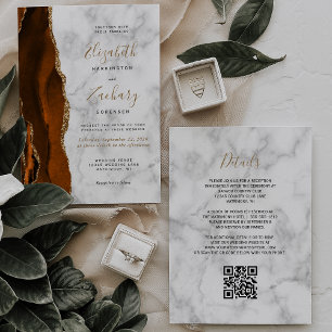 Verbrannte Orange-Gold-Achat-Marmor-QR-Code-Hochze Einladung