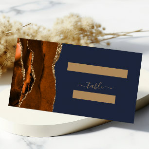 Verbrannte Orange-Gold-Achat-Navy-Blau-Hochzeitsti Platzkarte