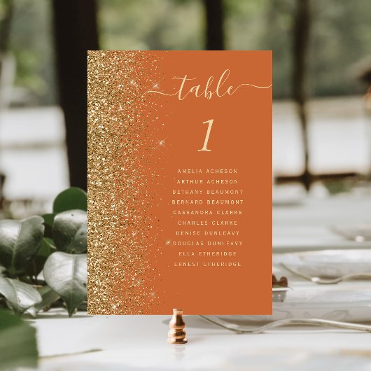 Verbrannte Orange Gold Glitter-Hochzeit Tischnummer