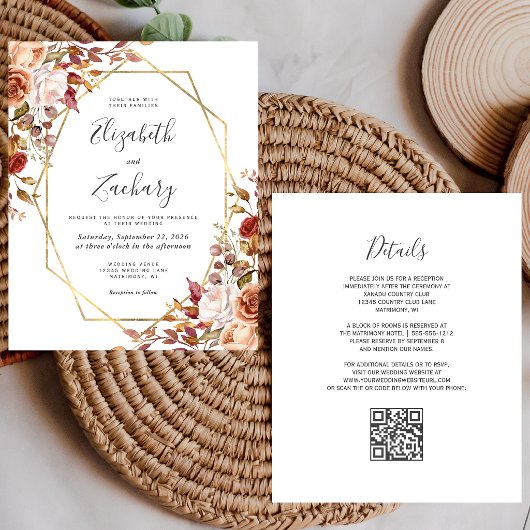Verbrannte Orange Herbst Floral QR Code Hochzeits 