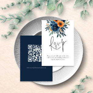 Verbrannte Orange Marineblaue Blumen QR-Code Hochz RSVP Karte