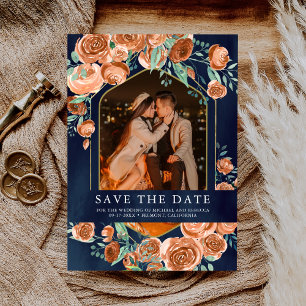 Verbrannte Orange Rose Terrakotta Florale Navy Hoc Save The Date