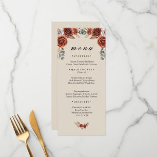Verbrannte Orange Rose und Pampasgras Hochzeitsdin Menükarte
