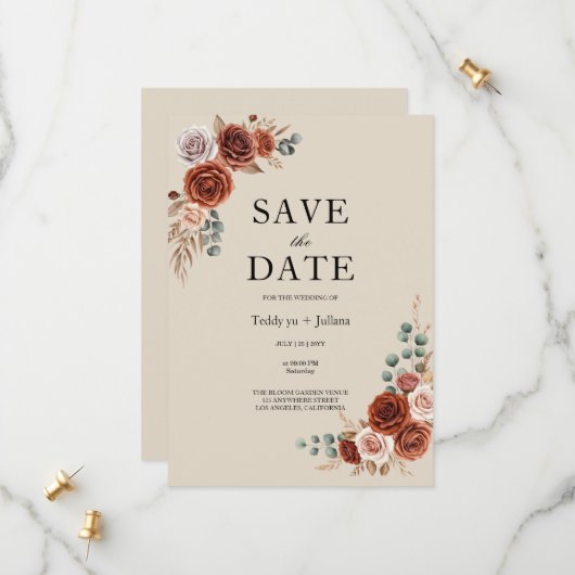 Verbrannte Orange Rose und Pampasgras Save the Dat Date (Vorderseite/Rückseite Beispiel)