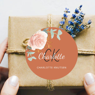 Verbrannte orange Rosen gold Floral Salbei grün da Runder Aufkleber