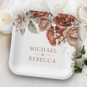 Verbrannte Orange Rosen Terrakotta Blumen Hochzeit Pappteller