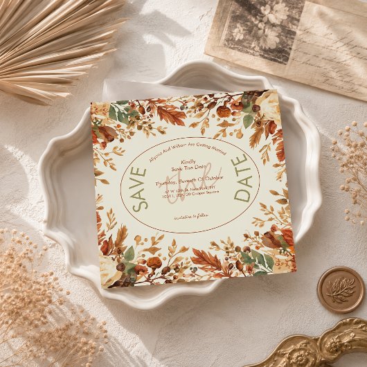 Verbrannte Orange Rustikale Herbstblätter Hochzeit Save The Date