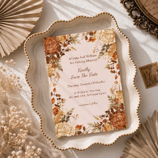 Verbrannte Orange Rustikale Herbstblätter Hochzeit Save The Date