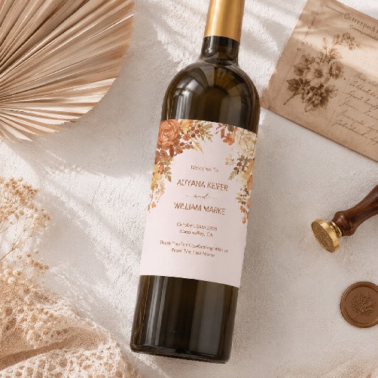 Verbrannte Orange Rustikale Herbstblätter Hochzeit Weinetikett