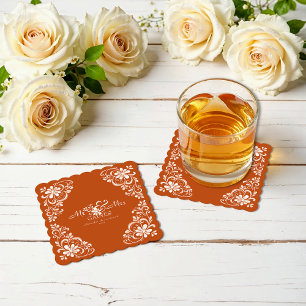Verbrannte Orange Shabby Chic Mr & Mrs Hochzeitsun Untersetzer