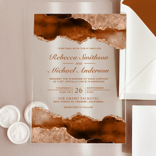Verbrannte Orange Terrakotta-Achat-Marmor-Hochzeit Acryleinladungen