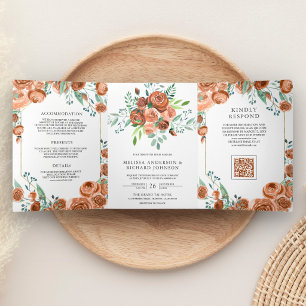 Verbrannte Orange Terrakotta Floral QR Code Hochze Dreifach Gefaltete Einladung