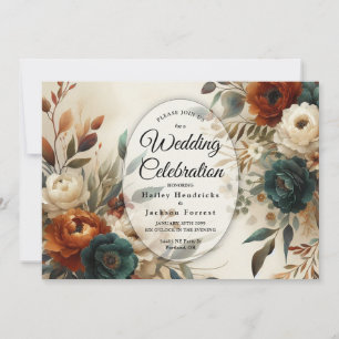 Verbrannte Orange- und Blaue Herbstblumen-Hochzeit Einladung