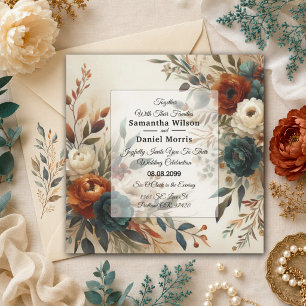 Verbrannte Orange- und Blaue Herbstblumen Hochzeit Einladung