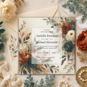 Verbrannte Orange- und Blaue Herbstblumen-Hochzeit Einladung