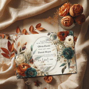 Verbrannte Orange- und Blaue Herbstblumen-Hochzeit Einladung