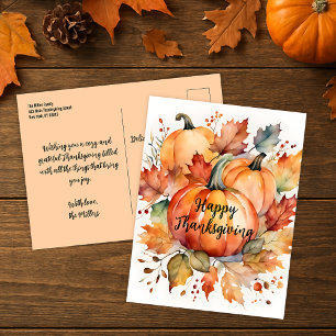 Verbrannte Orange-Wasserfarbe-Kürbis-Thanksgiving Postkarte