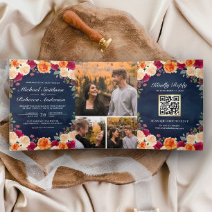 Verbranntes Orange Burgund Weinrot Floral Navy QR Dreifach Gefaltete Einladung