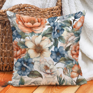 Verbranntes Orange Creme Staubblau Aquarell Blumen Kissen